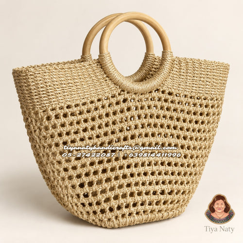 KRISTINA | Handwoven Abaca Tote with Wooden Ring Handles