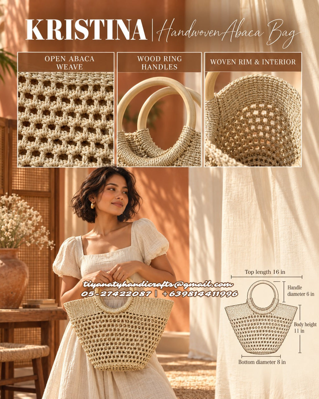 KRISTINA | Handwoven Abaca Tote with Wooden Ring Handles