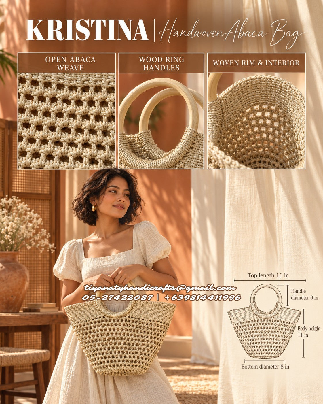 KRISTINA | Handwoven Abaca Tote with Wooden Ring Handles